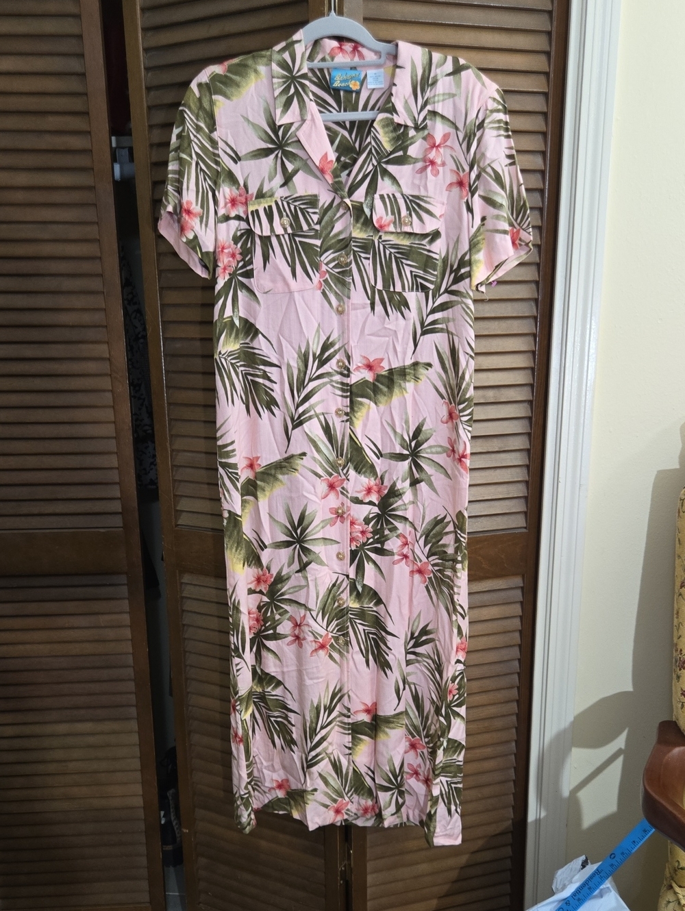 Women’s Pink Tropical Palm Print Short-Sleeve Maxi Dress